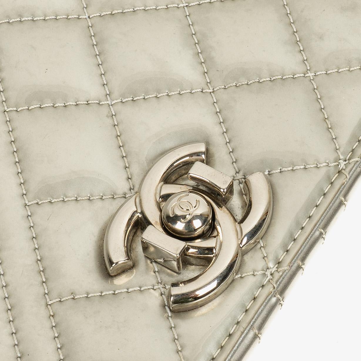 Chanel Coco Boy Flap Bag Silver Quilted Patent Leather