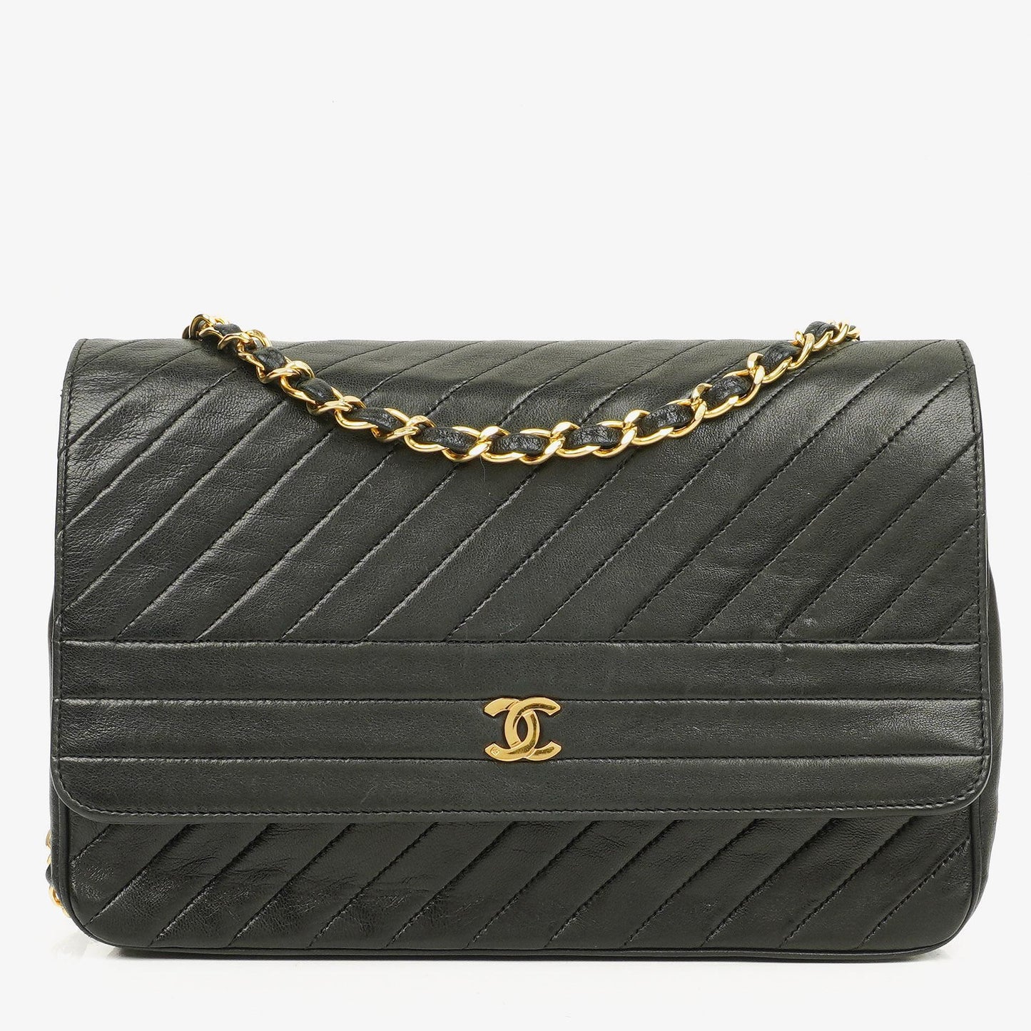 Chanel Diagonal Medium Classic Black Quilted Lambskin Single Flap Bag With 24K Gold-Plated Hardware