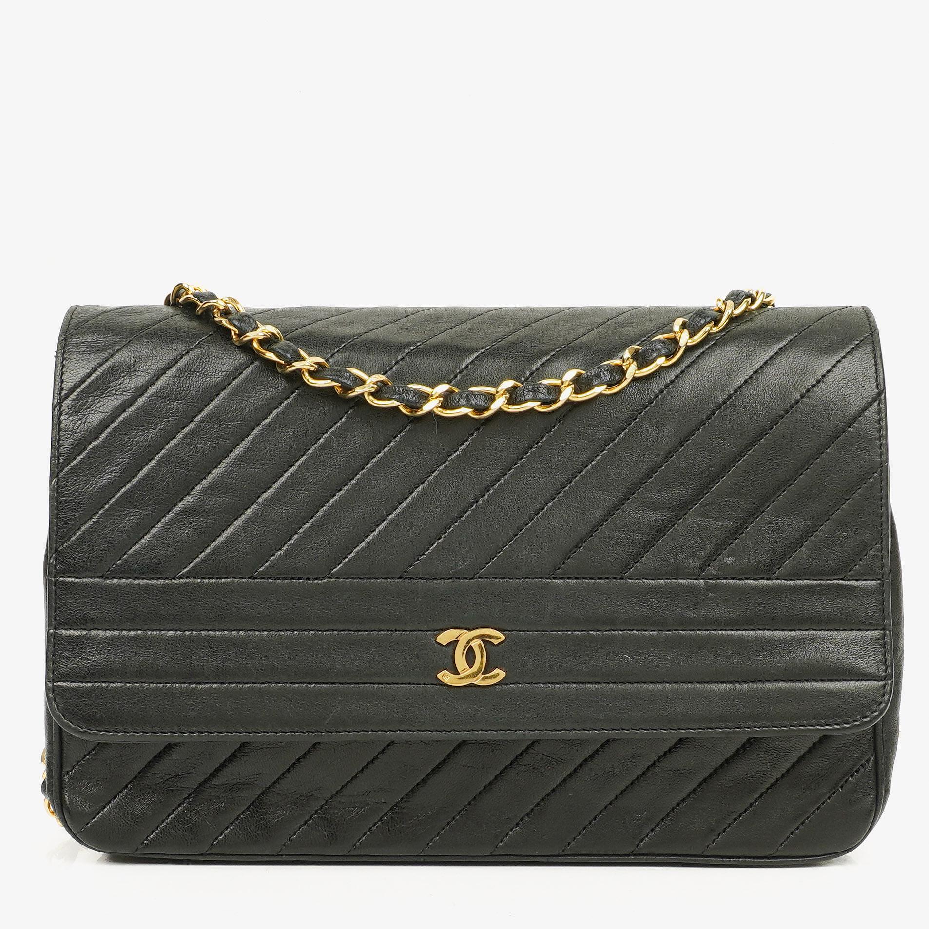 Chanel Diagonal Medium Classic Black Quilted Lambskin Single Flap Bag With 24K Gold-Plated Hardware