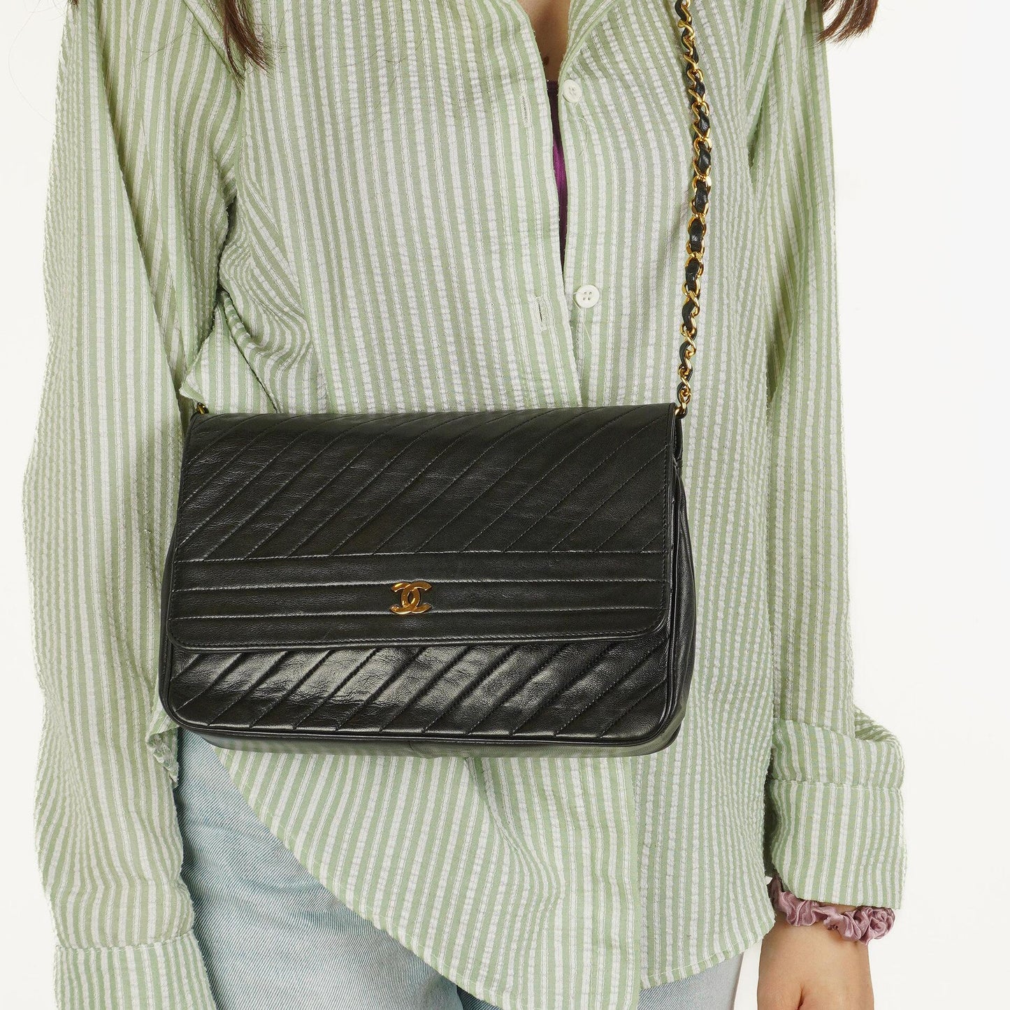 Chanel Diagonal Medium Classic Black Quilted Lambskin Single Flap Bag With 24K Gold-Plated Hardware