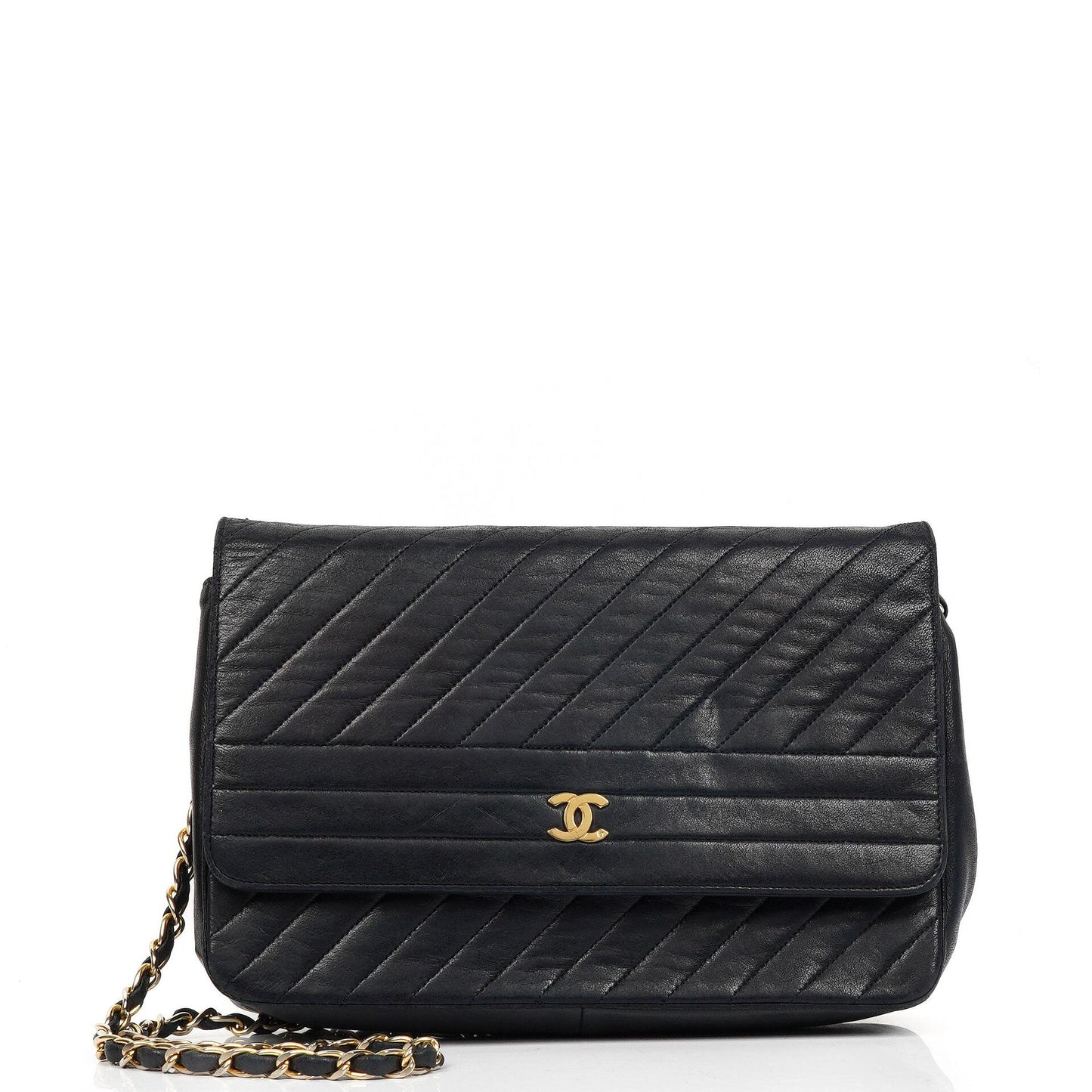 Chanel Diagonal Medium Classic Navy Quilted Lambskin Single Flap Bag With 24K Gold-Plated Hardware