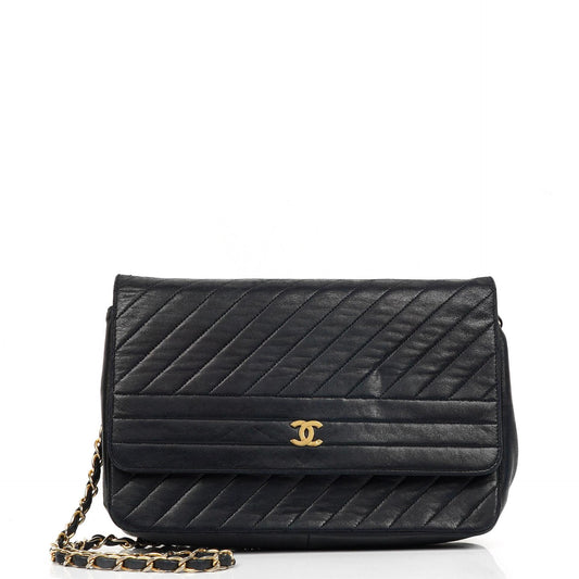 Chanel Diagonal Medium Classic Navy Quilted Lambskin Single Flap Bag With 24K Gold-Plated Hardware