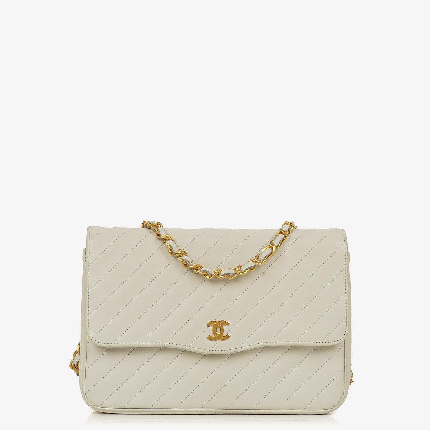 Chanel Diagonal Quilted Lambskin Leather Small Classic Single Flap Bag With 24K Gold-Plated Hardware