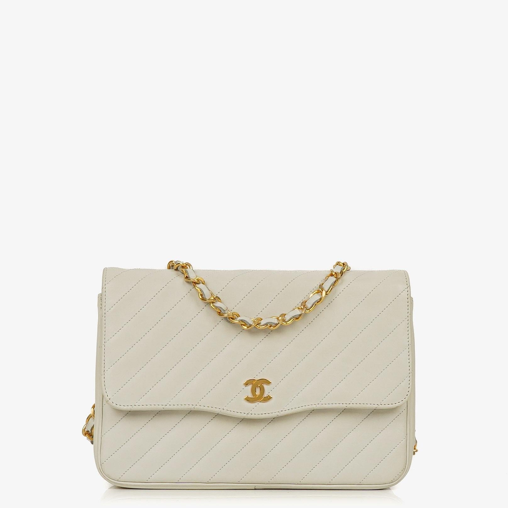 Chanel Diagonal Quilted Lambskin Leather Small Classic Single Flap Bag With 24K Gold-Plated Hardware