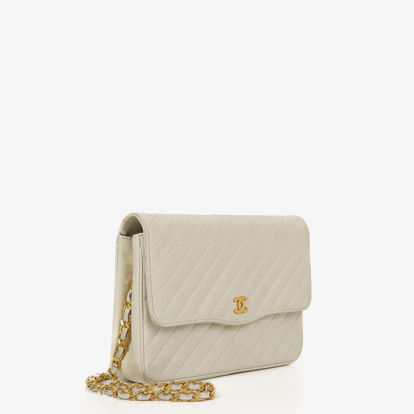 Chanel Diagonal Quilted Lambskin Leather Small Classic Single Flap Bag With 24K Gold-Plated Hardware
