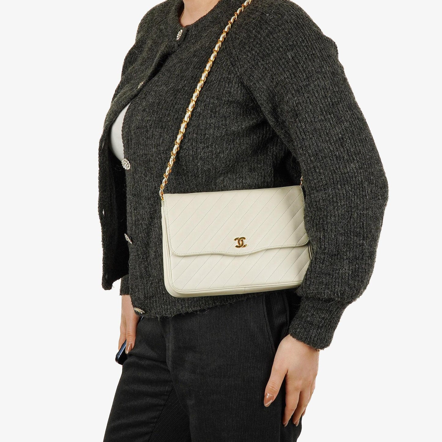 Chanel Diagonal Quilted Lambskin Leather Small Classic Single Flap Bag With 24K Gold-Plated Hardware
