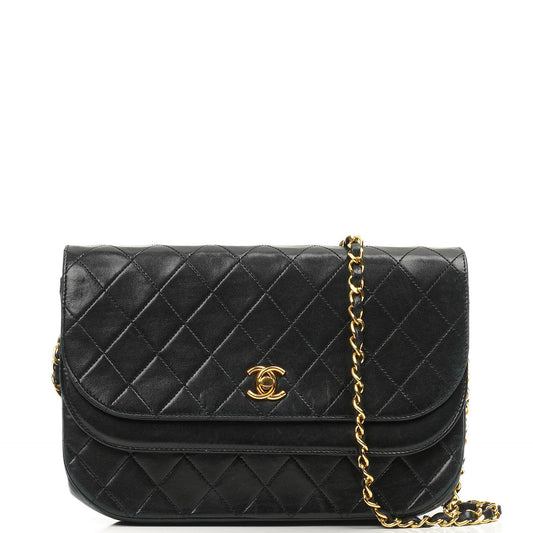 Chanel Double Flap Black Lambskin Half Moon With 24K Gold-Plated Hardware