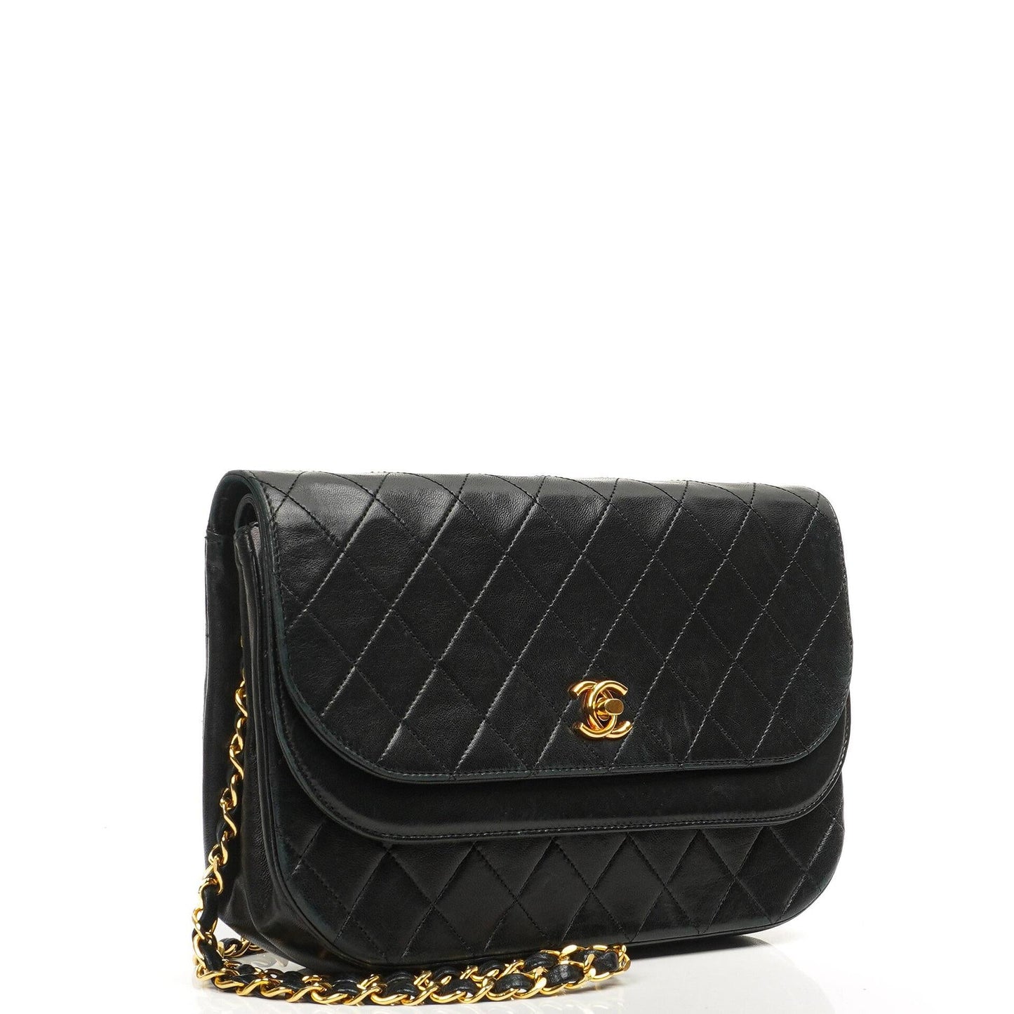 Chanel Double Flap Black Lambskin Half Moon With 24K Gold-Plated Hardware