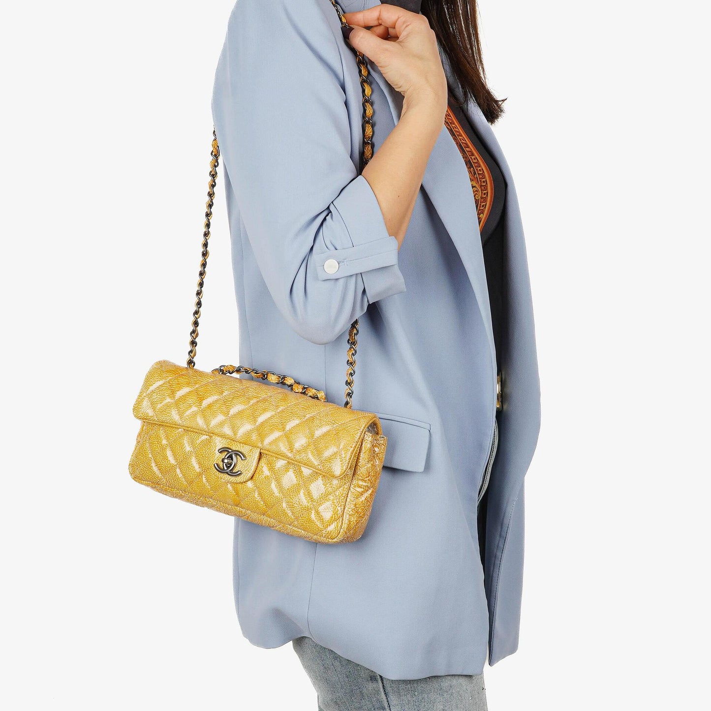 Chanel East West Crinkled Patent Leather Flap Bag