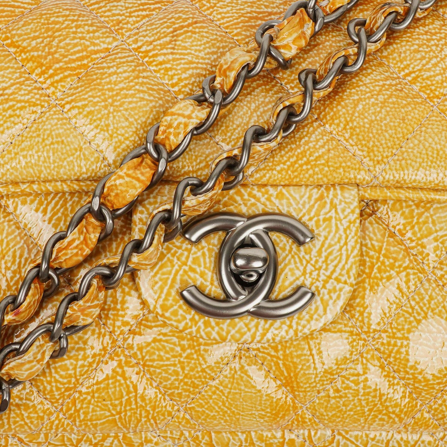 Chanel East West Crinkled Patent Leather Flap Bag