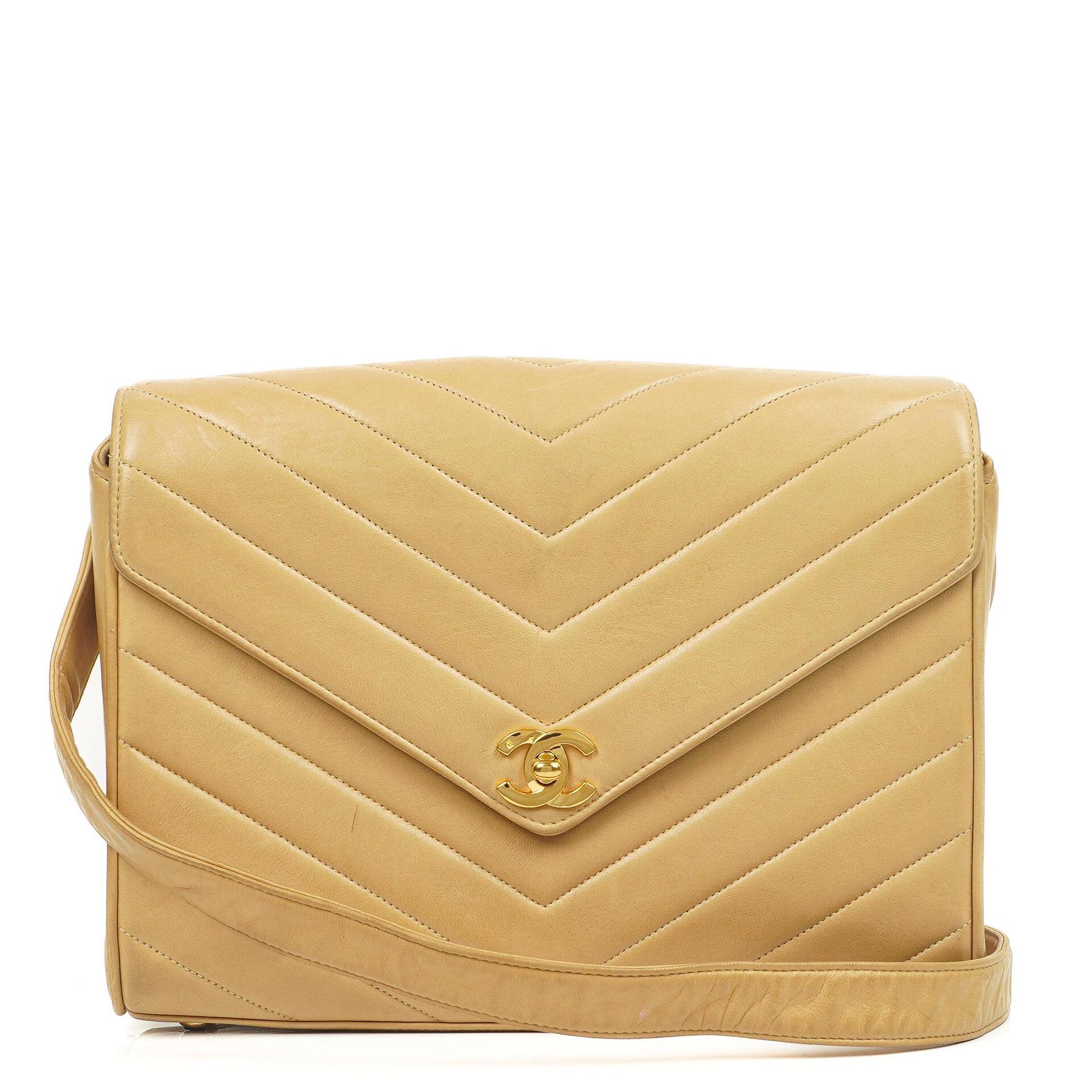 Chanel Envelope Beige Chevron Quilted Crossbody Bag With 24K Gold-Plated Hardware