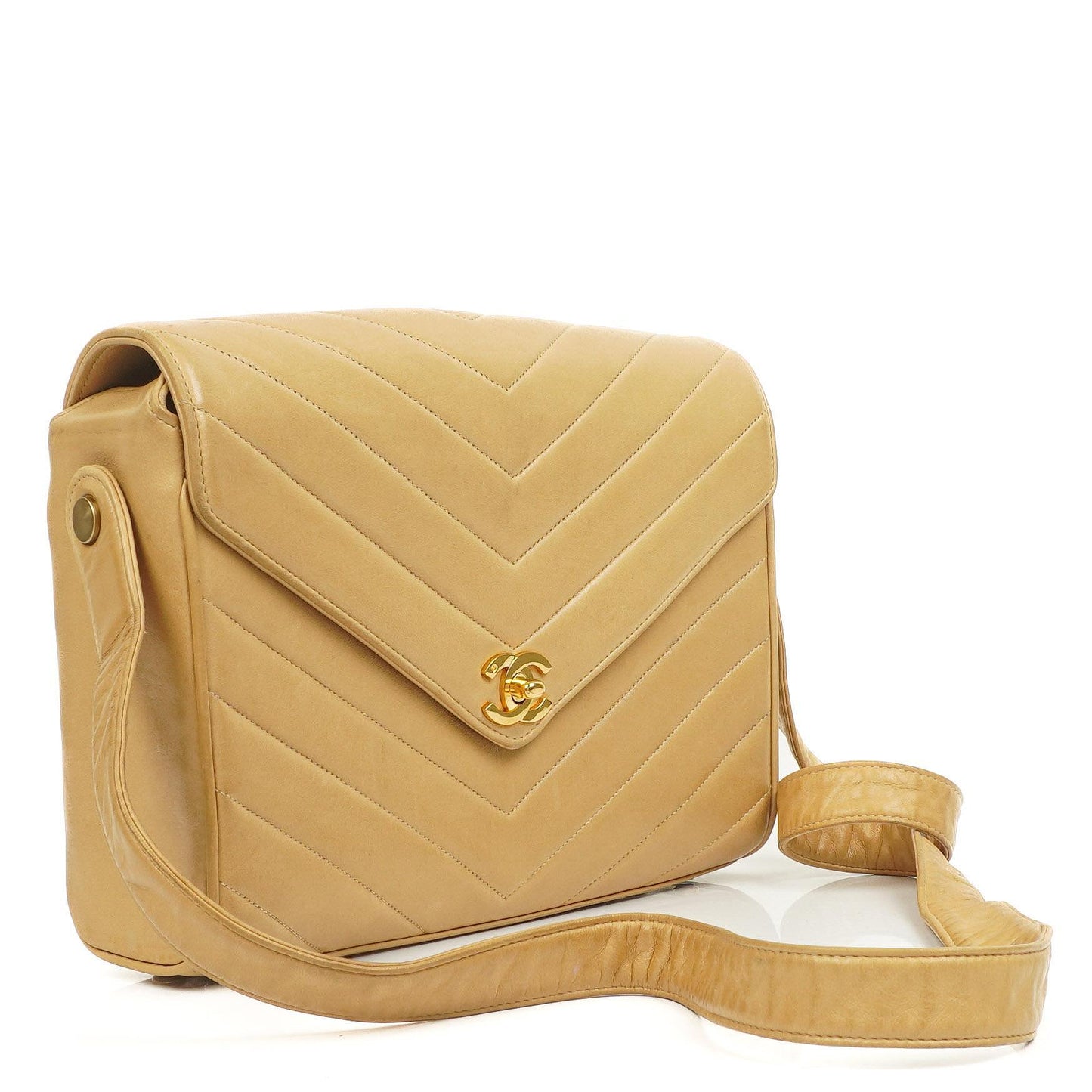 Chanel Envelope Beige Chevron Quilted Crossbody Bag With 24K Gold-Plated Hardware