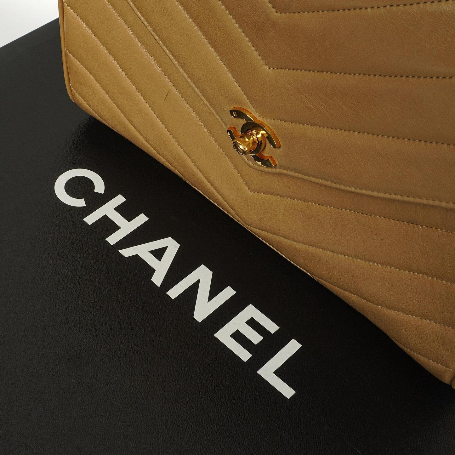 Chanel Envelope Beige Chevron Quilted Crossbody Bag With 24K Gold-Plated Hardware