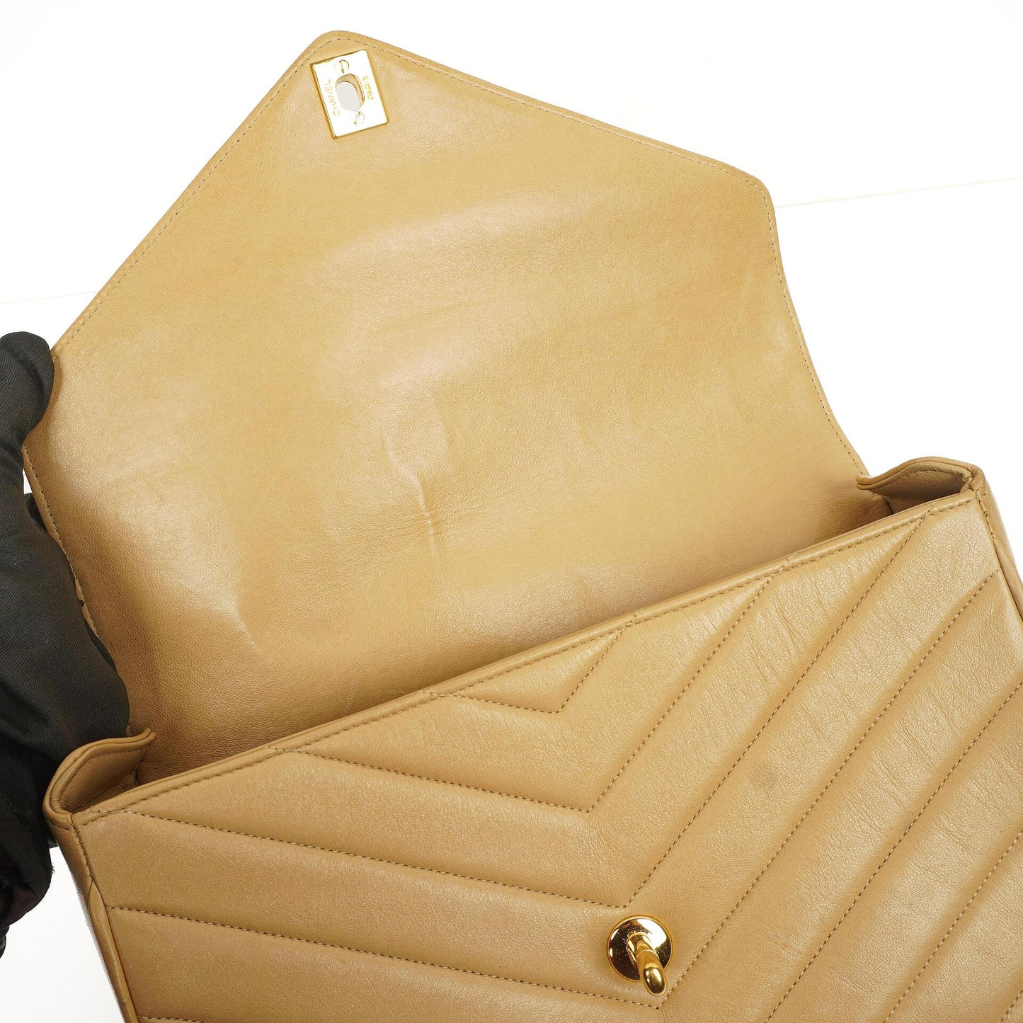 Chanel Envelope Beige Chevron Quilted Crossbody Bag With 24K Gold-Plated Hardware