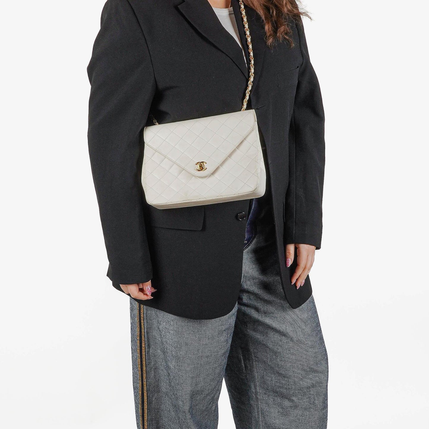Chanel Envelope Flap Bag White Quilted Lambskin With 24K Gold-Plated Hardware