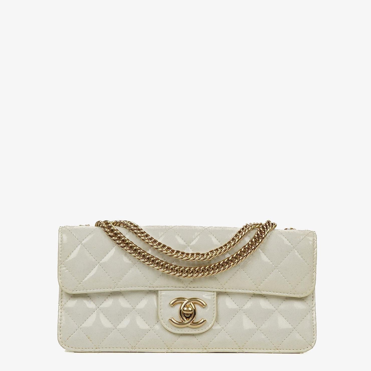 Chanel Evening Star East West White Quilted Patent Leather Flap Bag