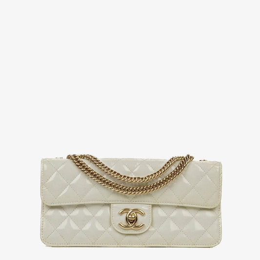 Chanel Evening Star East West White Quilted Patent Leather Flap Bag
