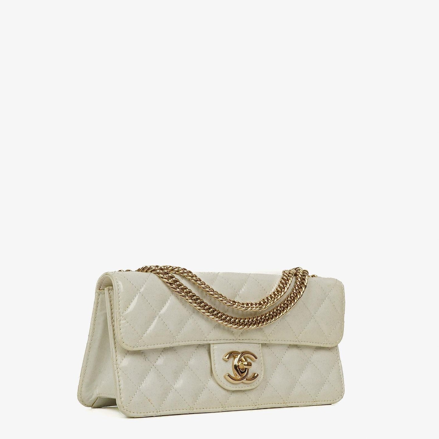 Chanel Evening Star East West White Quilted Patent Leather Flap Bag