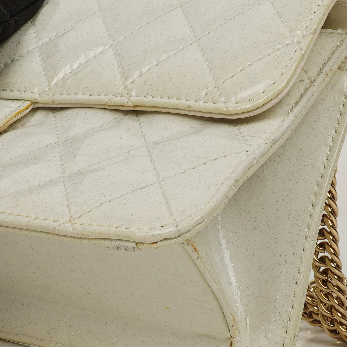 Chanel Evening Star East West White Quilted Patent Leather Flap Bag