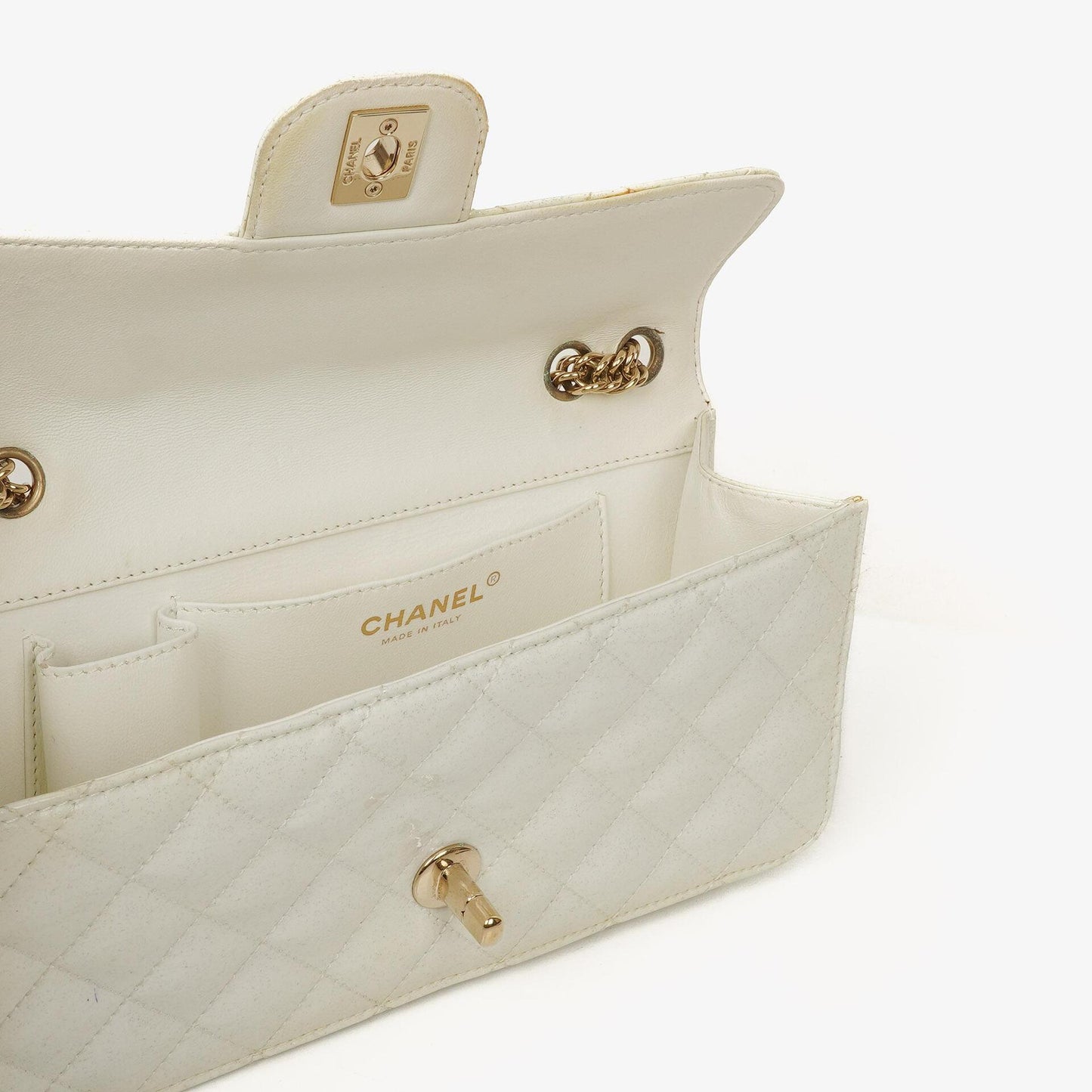 Chanel Evening Star East West White Quilted Patent Leather Flap Bag