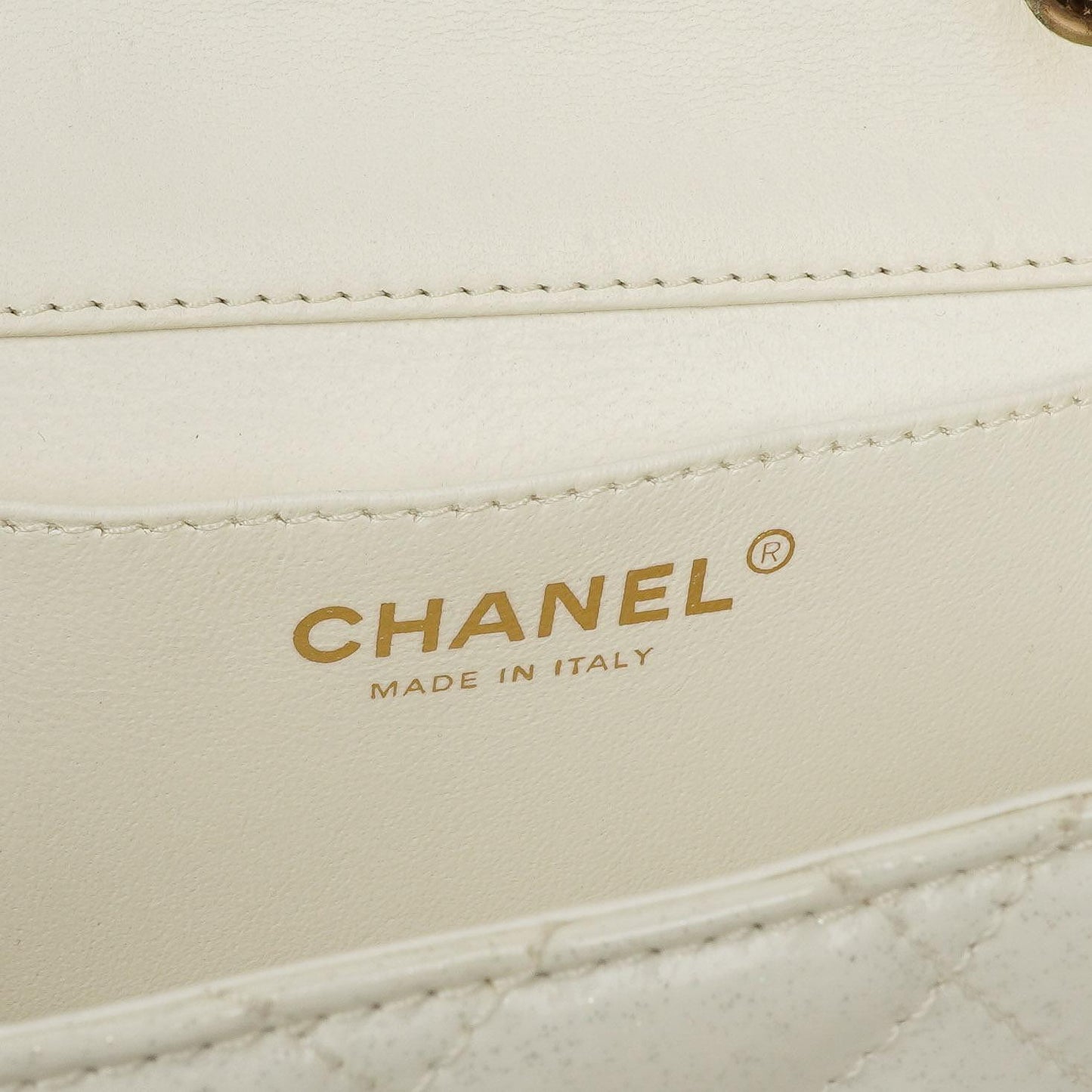 Chanel Evening Star East West White Quilted Patent Leather Flap Bag