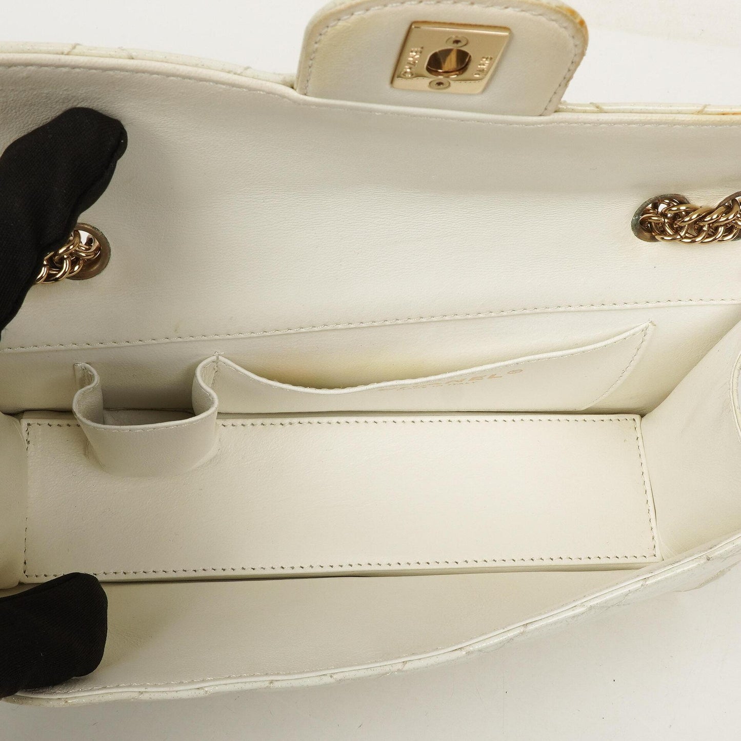 Chanel Evening Star East West White Quilted Patent Leather Flap Bag