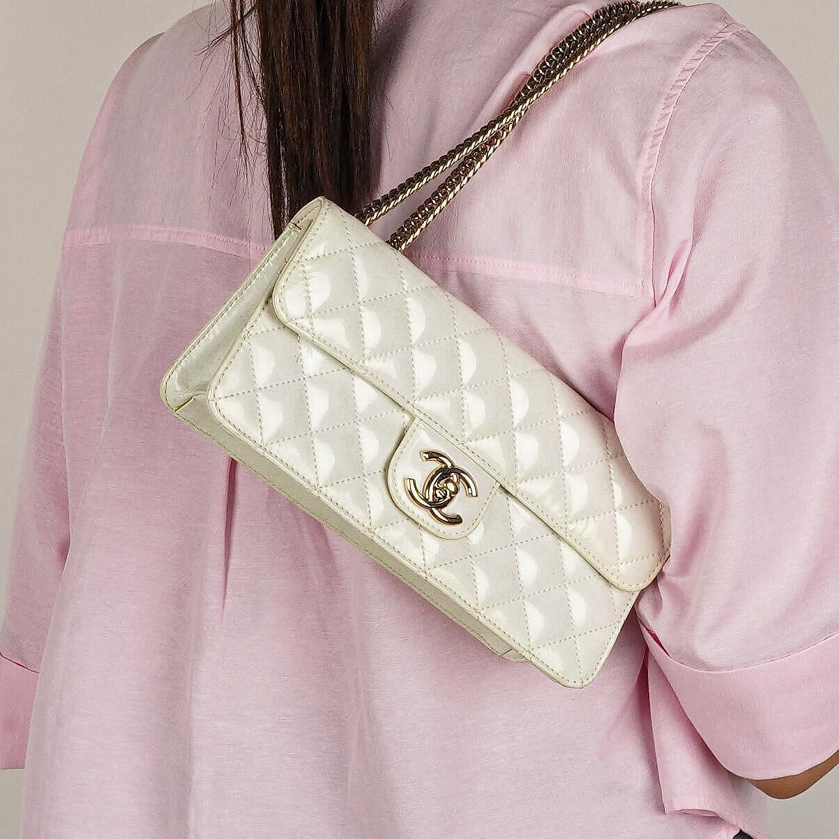 Chanel Evening Star East West White Quilted Patent Leather Flap Bag