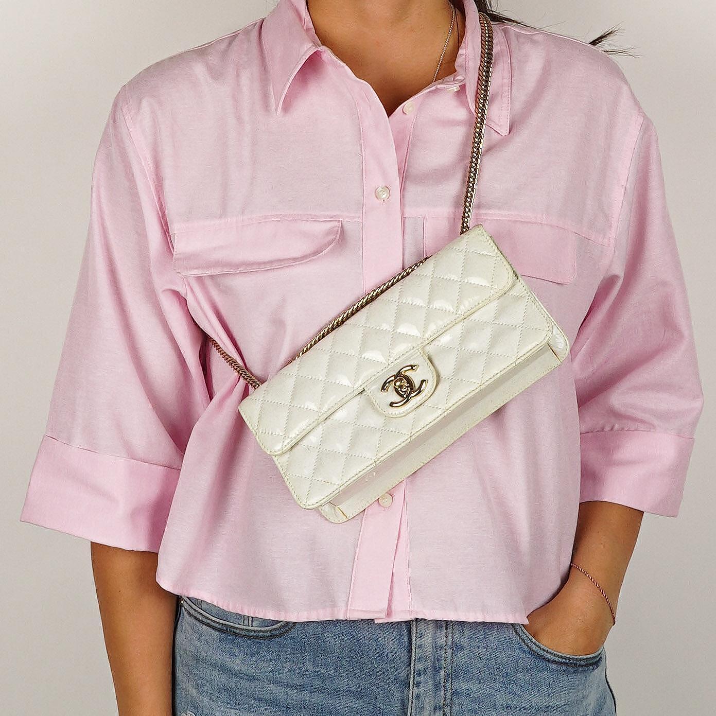 Chanel Evening Star East West White Quilted Patent Leather Flap Bag