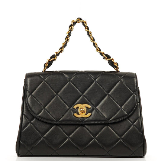 Chanel Flap Bag In Black Quilted Lambskin With Chain Top Handle And 24K Gold-Plated Hardware, 1994-1996