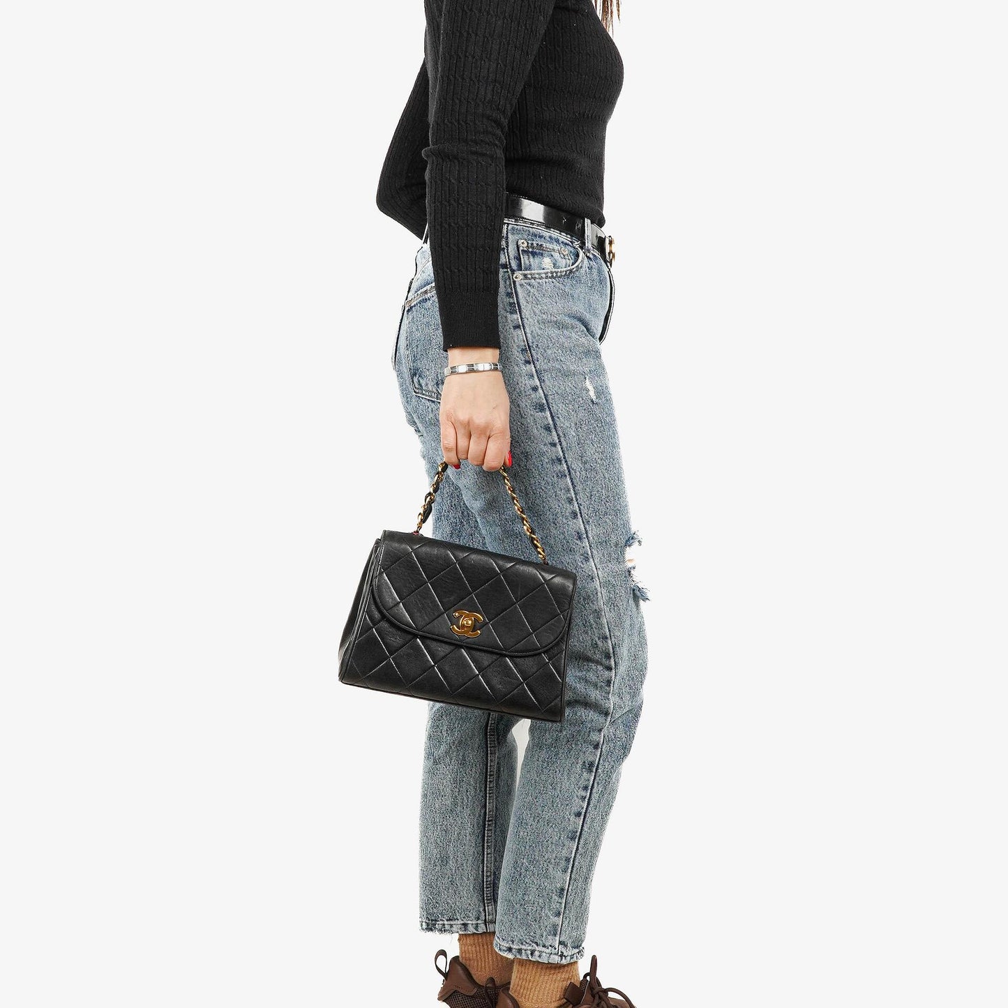Chanel Flap Bag In Black Quilted Lambskin With Chain Top Handle And 24K Gold-Plated Hardware