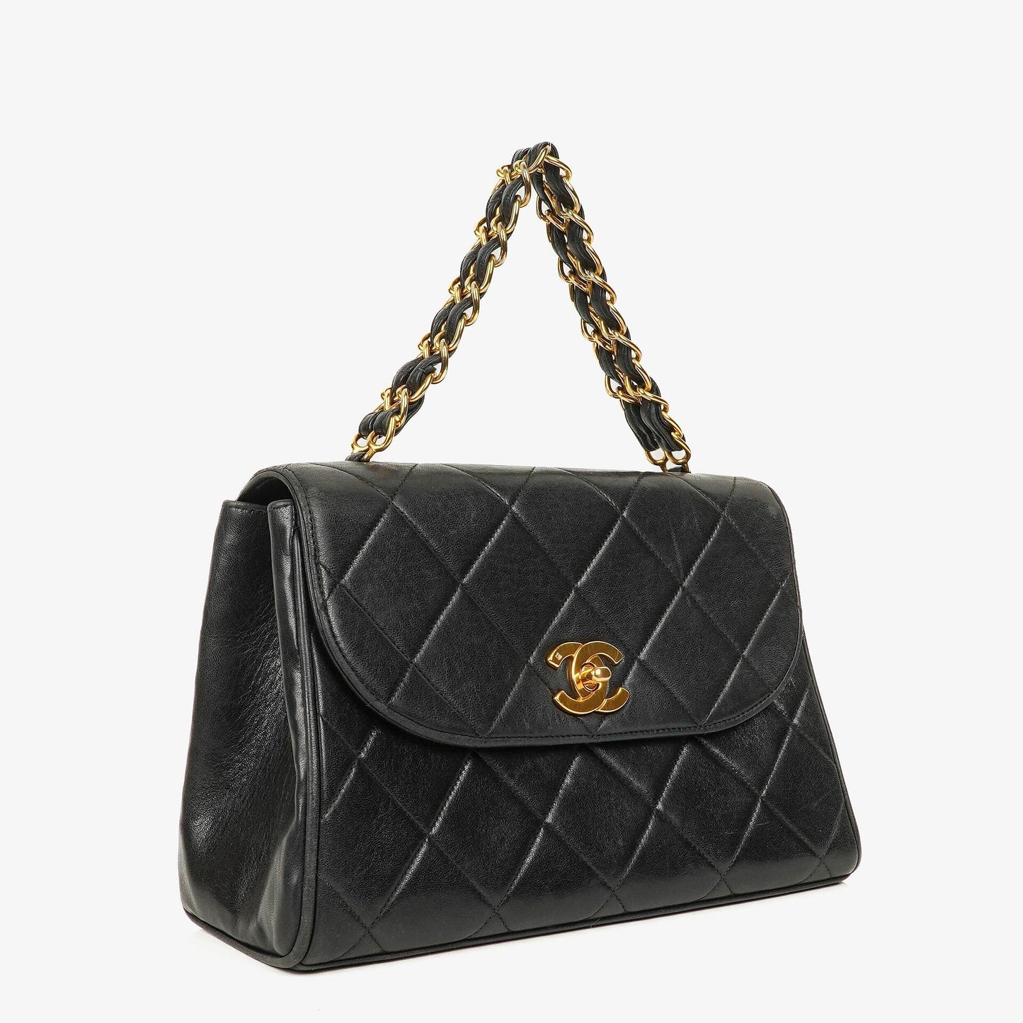 Chanel Flap Bag In Black Quilted Lambskin With Chain Top Handle And 24K Gold-Plated Hardware
