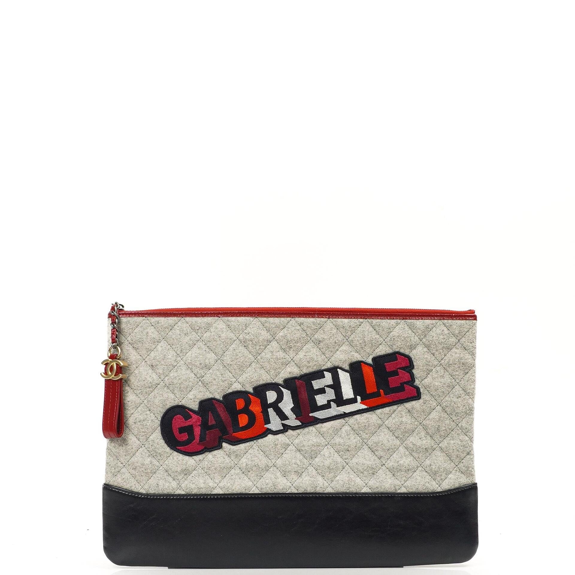 Chanel Gabrielle Pouch Clutch In Grey Quilted Wool And Navy Calfskin