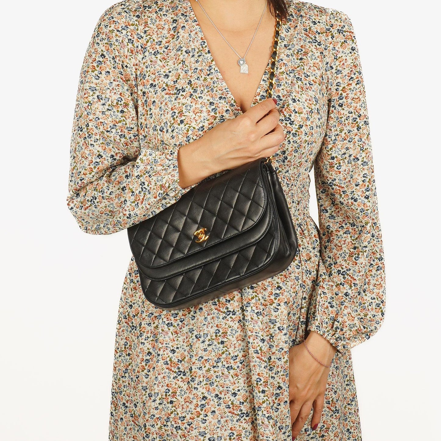 Chanel Half-Moon Double Flap Bag Black Quilted Lambskin 24K Gold-Plated Hardware