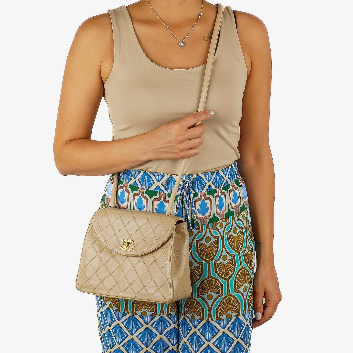 Chanel Half Moon Flap Bag Beige Quilted Lambskin 24K Gold-Hardware