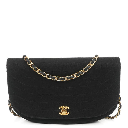 Chanel Half-Moon Flap Bag In Black Quilted Jersey And 24K Gold-Plated Hardware