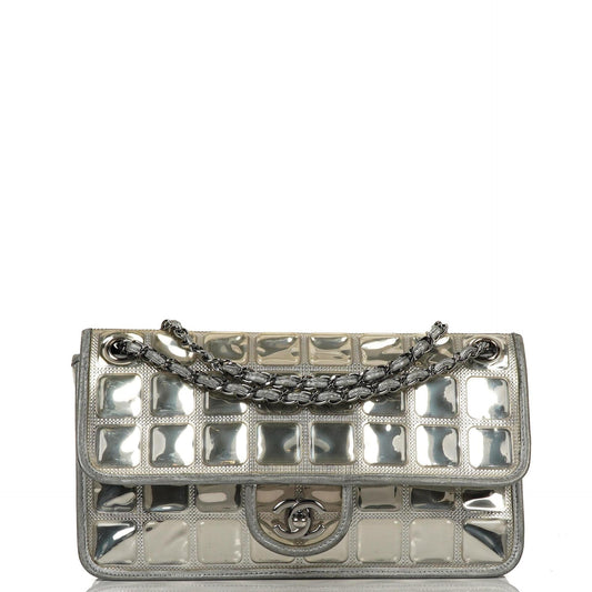 Chanel Large Ice Cube Flap Bag Mirrored Vinyl And Silver Metallic Leather With Silver-Tone Hardware