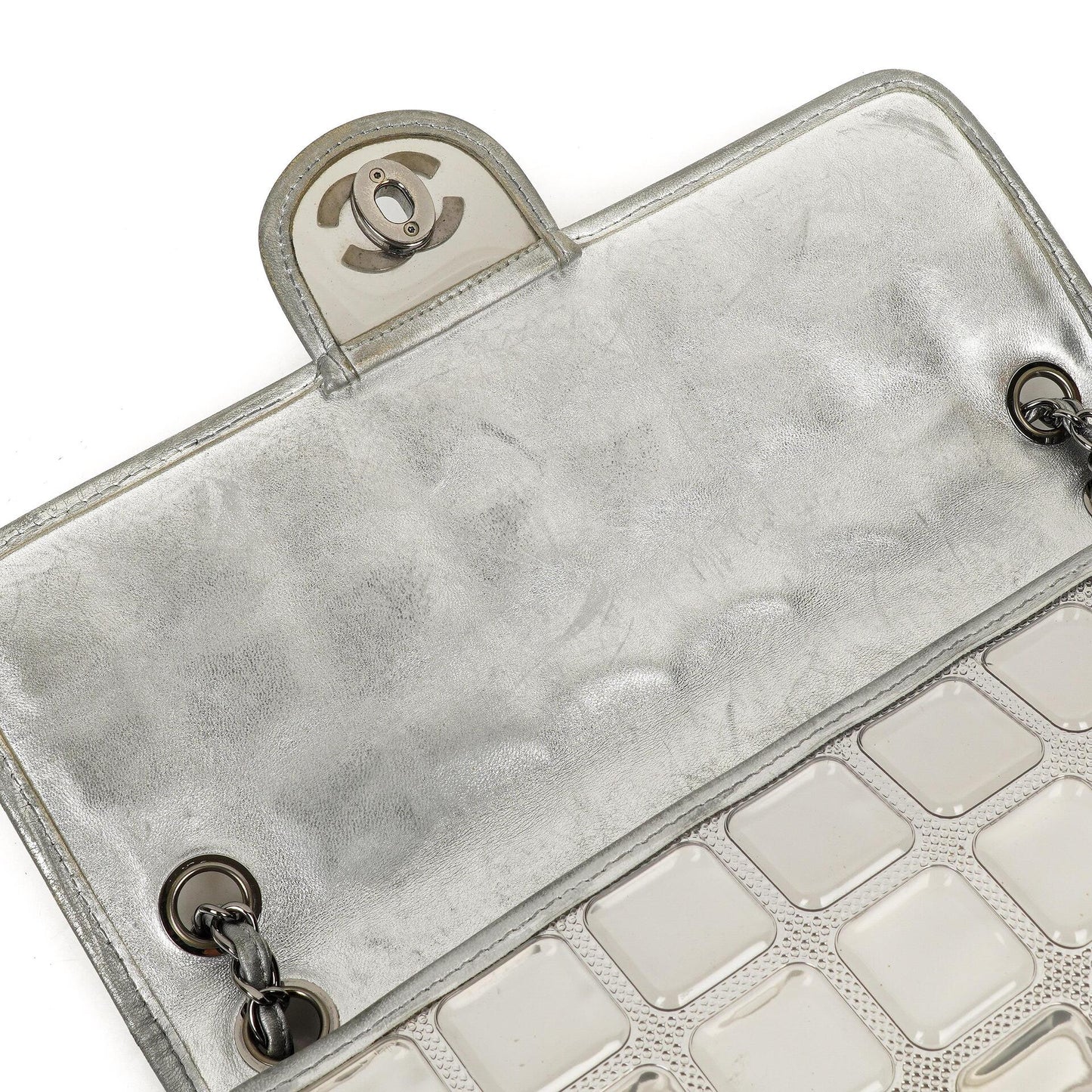 Chanel Large Ice Cube Flap Bag Mirrored Vinyl And Silver Metallic Leather With Silver-Tone Hardware