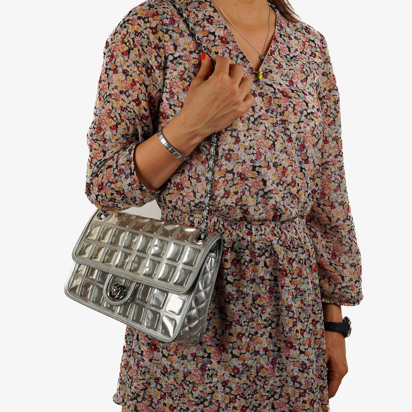 Chanel Large Ice Cube Flap Bag Mirrored Vinyl And Silver Metallic Leather With Silver-Tone Hardware