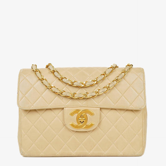 Chanel Jumbo CC Classic Single Flap Bag Beige Quilted Lambskin 24K Gold-Plated Hardware