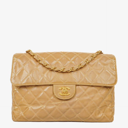 Chanel Jumbo CC Classic Single Flap Bag Beige Quilted Patent Leather 24K Gold-Plated Hardware