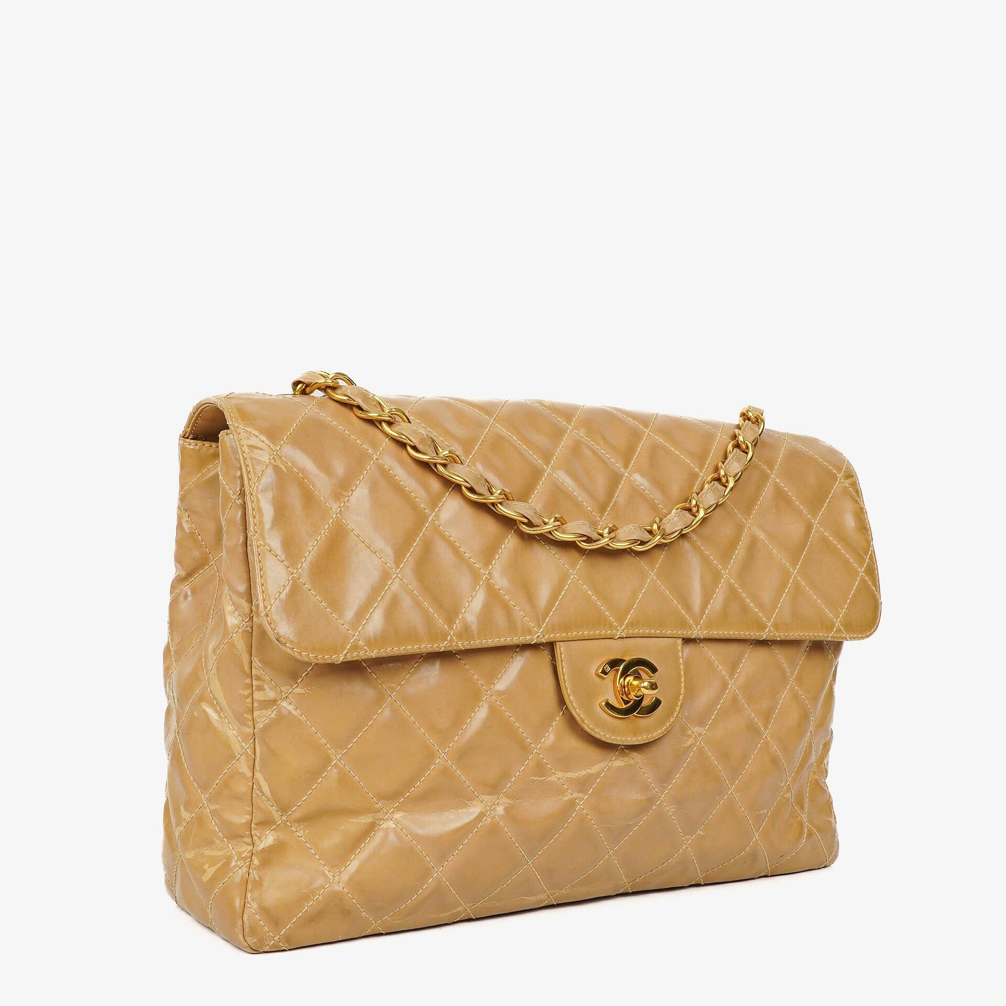 Chanel Jumbo CC Classic Single Flap Bag Beige Quilted Patent Leather 24K Gold-Plated Hardware