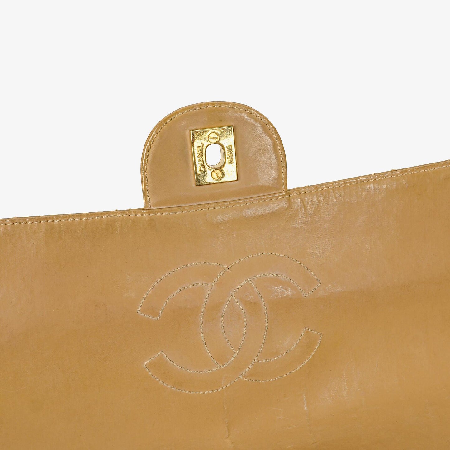Chanel Jumbo CC Classic Single Flap Bag Beige Quilted Patent Leather 24K Gold-Plated Hardware