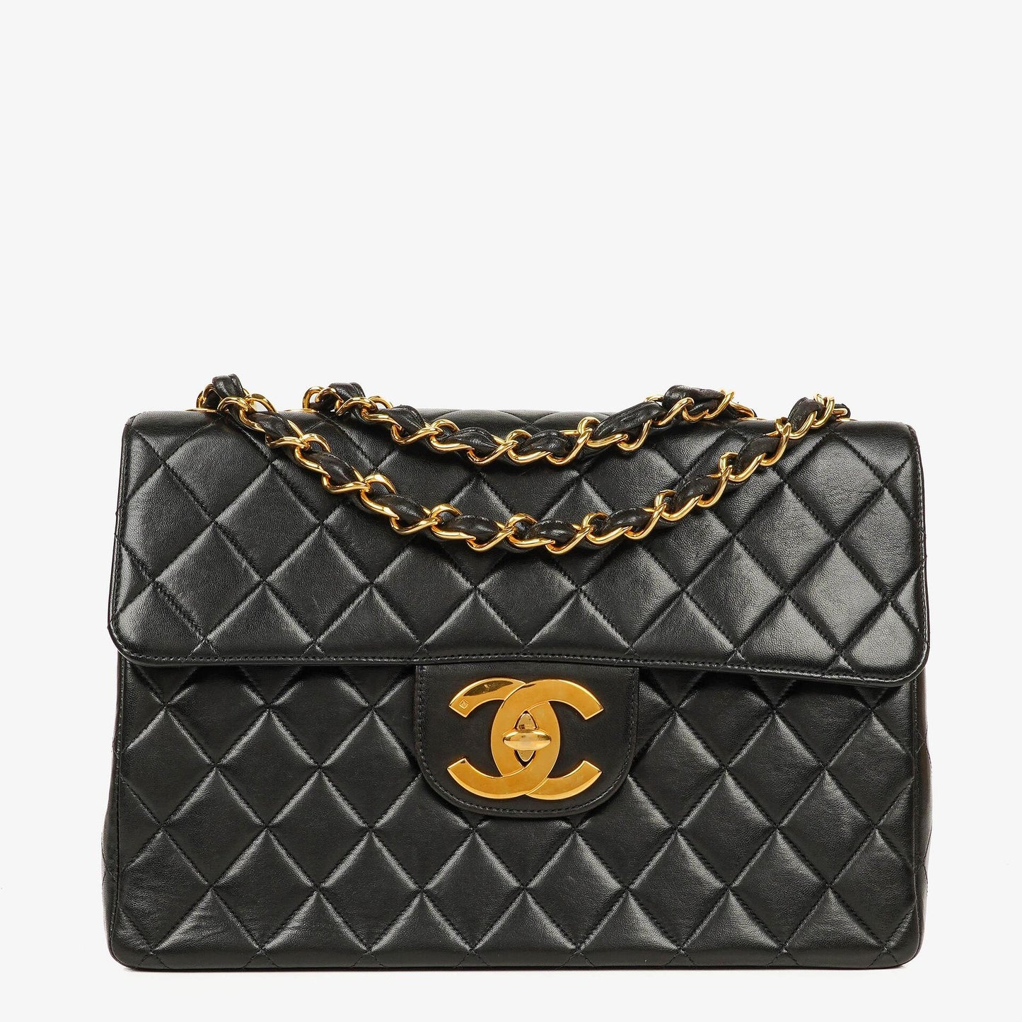 Chanel Jumbo CC Classic Single Flap Maxi Logo Bag Black Quilted Lambskin 24K Gold-Plated Hardware