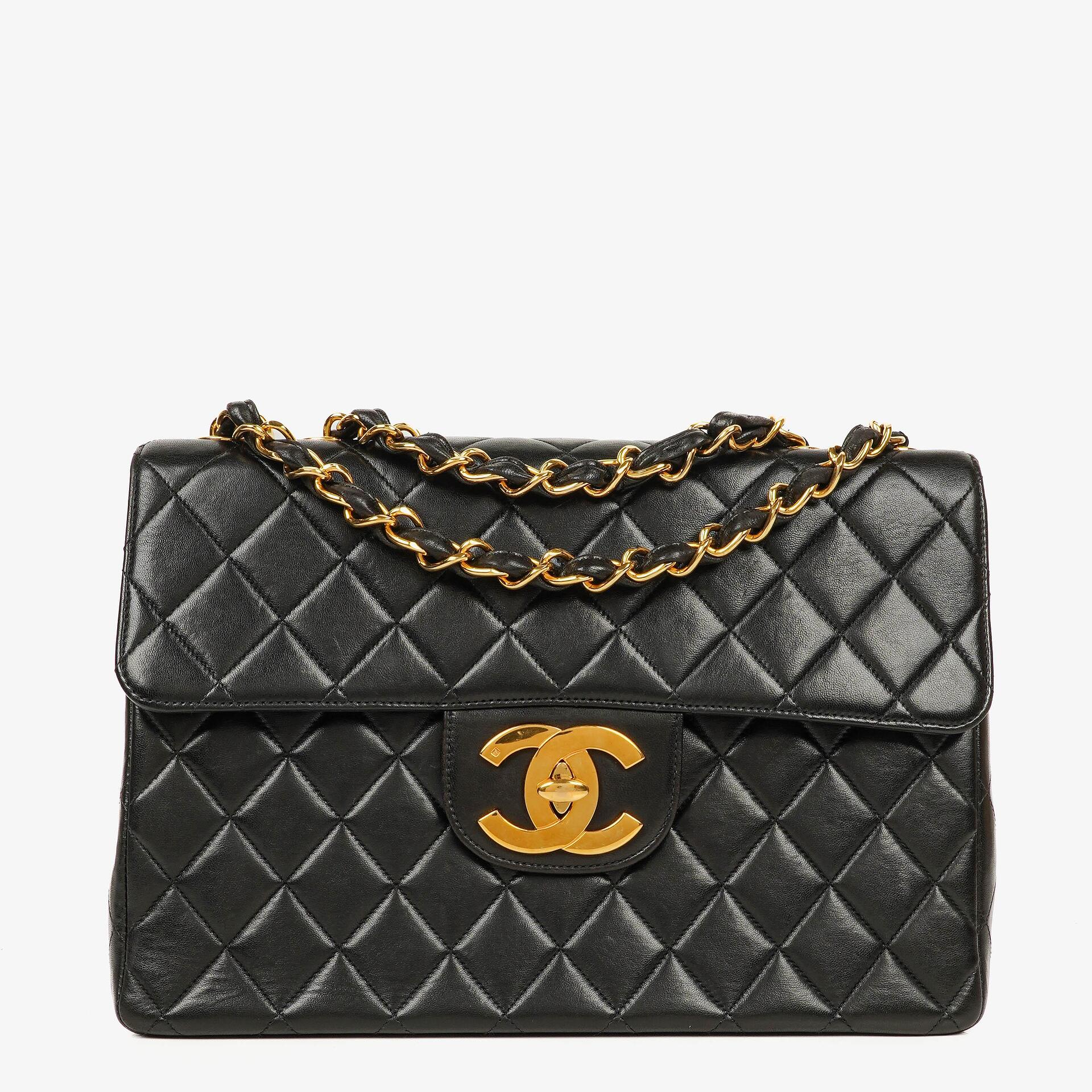Chanel Jumbo CC Classic Single Flap Maxi Logo Bag Black Quilted Lambskin 24K Gold-Plated Hardware