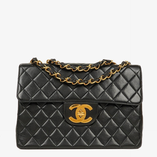 Chanel Jumbo CC Classic Single Flap Maxi Logo Bag Black Quilted Lambskin 24K Gold-Plated Hardware