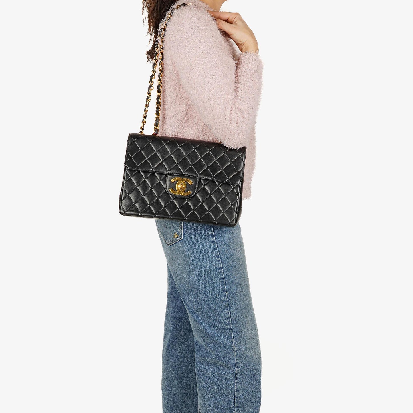 Chanel Jumbo CC Classic Single Flap Maxi Logo Bag Black Quilted Lambskin 24K Gold-Plated Hardware