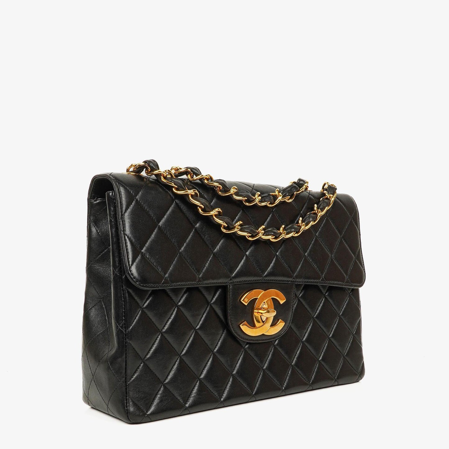 Chanel Jumbo CC Classic Single Flap Maxi Logo Bag Black Quilted Lambskin 24K Gold-Plated Hardware