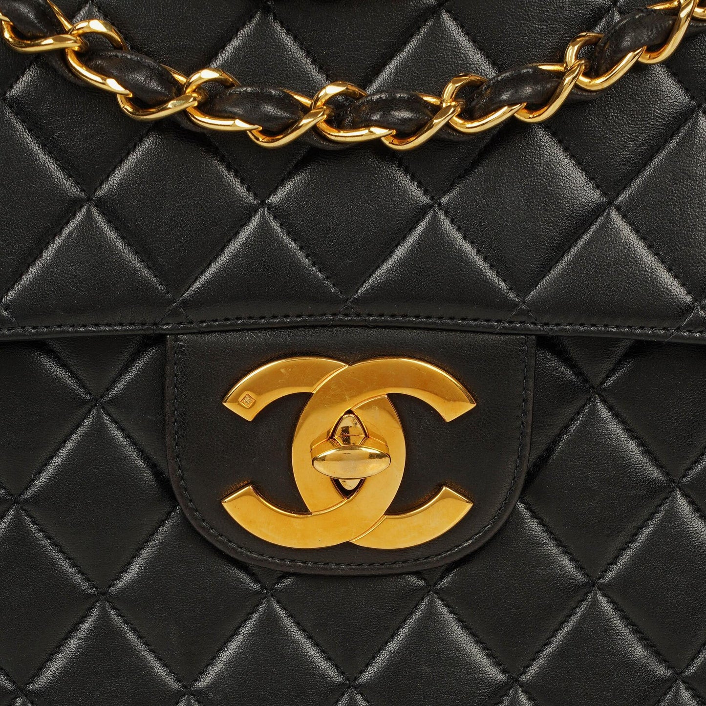 Chanel Jumbo CC Classic Single Flap Maxi Logo Bag Black Quilted Lambskin 24K Gold-Plated Hardware