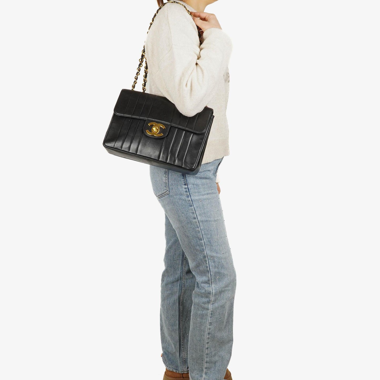 Chanel Jumbo CC Vertical Black Quilted Lamabskin Flap Bag 24K Gold-Plated Hardware