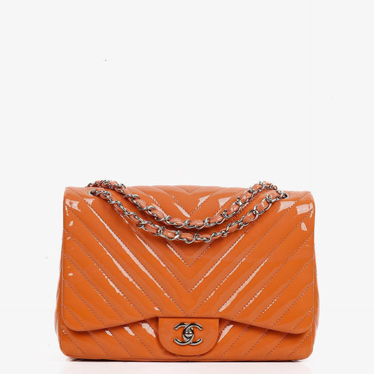 Chanel Jumbo Classic Single Flap Bag Chevron Patent Quilted Leather With Silver-Tone Hardware